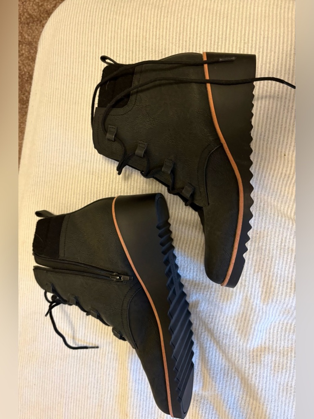 LifeStride Black Lace-Up Wedge Ankle Boots with Tan Trim